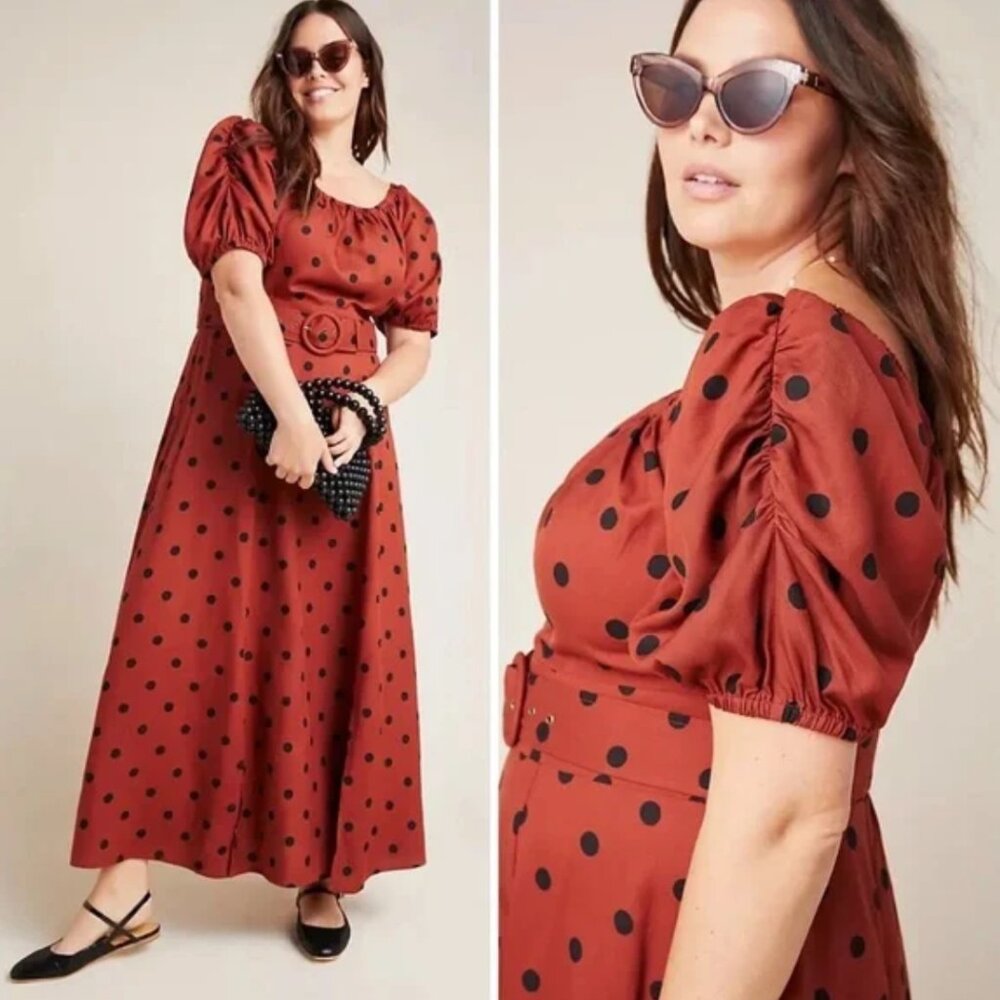 Maeve Rust Red Polka Dot Maxi Dress with Black Spots